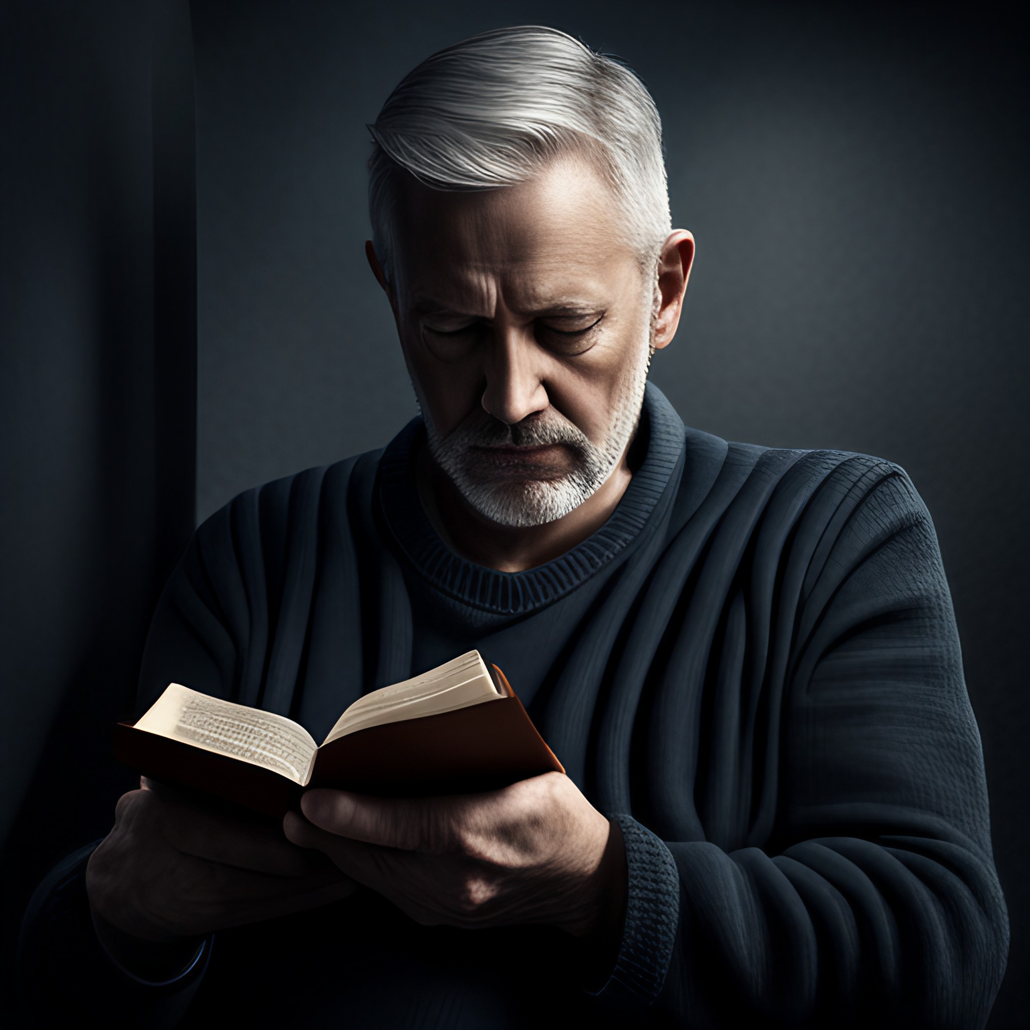 Bearded man with downcast eyes, praying with Bible in his hands