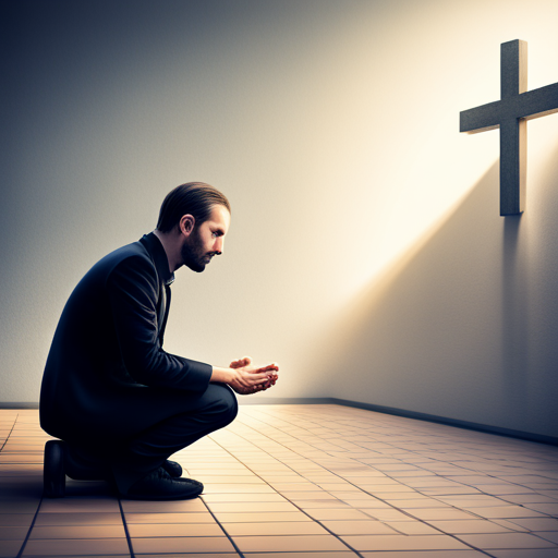 Man in a suit, on his knees, praying before a cross