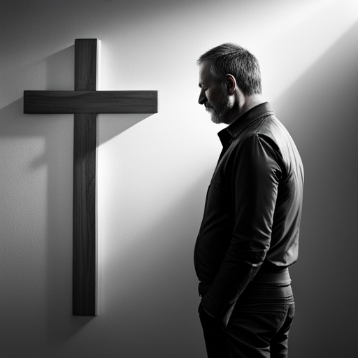 Man in profile view, standing in front of a wall with a cross hanging on it. Black and white.