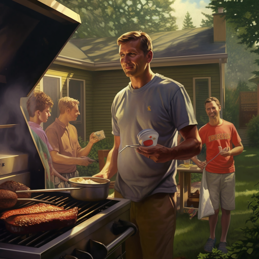 Man grilling in the afternoon with family and friends